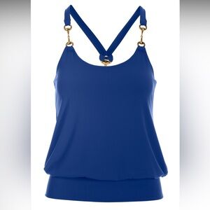Boston Proper Blue Sleeveless Tank Top with Gold Metallic Details